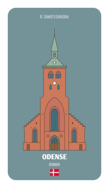 Odense, Danimarka 'daki St. Canute Katedrali. Avrupa şehirlerinin mimari sembolleri. Renkli vektör 