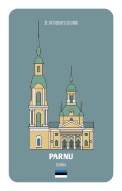 Estonya, Parnu 'daki St. Catherine Kilisesi. Avrupa şehirlerinin mimari sembolleri. Renkli vektör 