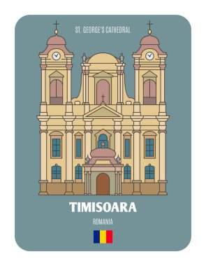 Romanya 'nın Timisoara kentindeki St. George Katedrali. Avrupa şehirlerinin mimari sembolleri. Renkli vektör 