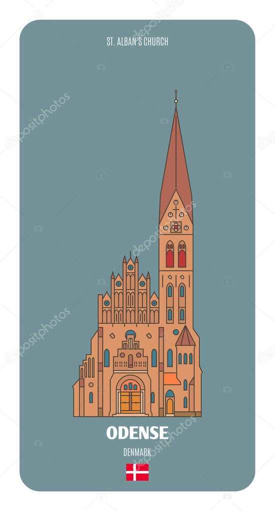 St. Alban's Church in Odense, Denmark. Architectural symbols of European cities. Colorful vector 