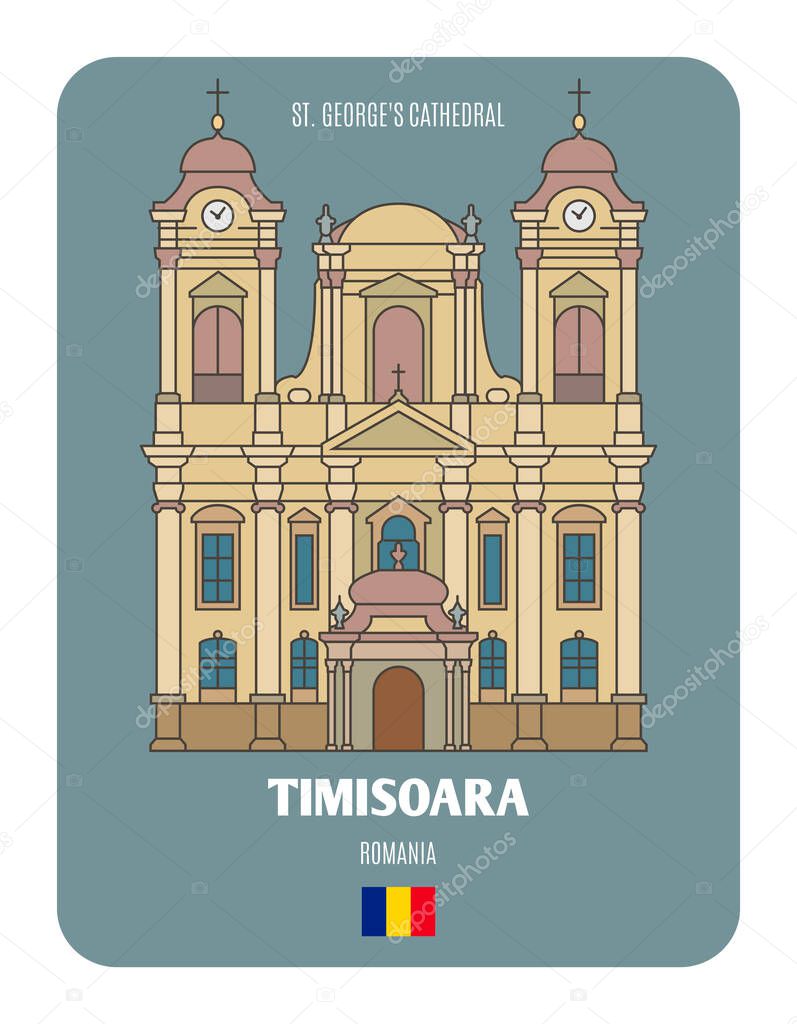 St. George's Cathedral in Timisoara, Romania. Architectural symbols of European cities. Colorful vector 