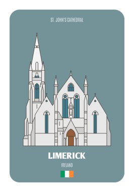 Limerick, İrlanda 'daki St. John Katedrali. Avrupa şehirlerinin mimari sembolleri. Renkli vektör 