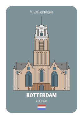 Rotterdam, Hollanda 'daki St. Lawrence Kilisesi. Avrupa şehirlerinin mimari sembolleri. Renkli vektör 