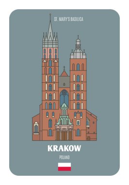 Krakow, Polonya 'daki St. Mary Bazilikası. Avrupa şehirlerinin mimari sembolleri. Renkli vektör 