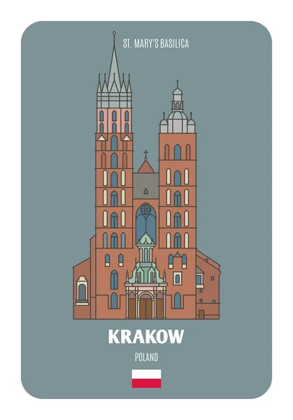 Mary Basilica Krakow Poland Architectural Symbols European Cities Colorful Vector — Stock Vector