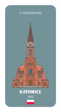 Katowice, Polonya 'daki Aziz Peter ve Paul Kilisesi. Avrupa şehirlerinin mimari sembolleri. Renkli vektör 