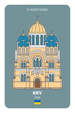 Ukrayna Kiev 'deki St. Volodymyr Katedrali. Avrupa şehirlerinin mimari sembolleri. Renkli vektör 