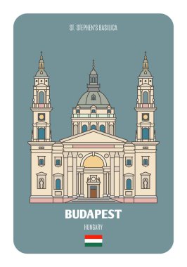 Macaristan, Budapeşte 'deki Aziz Stephen Bazilikası. Avrupa şehirlerinin mimari sembolleri. Renkli vektör 