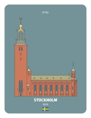 Stockholm Belediyesi, İsveç. Avrupa şehirlerinin mimari sembolleri. Renkli vektör 