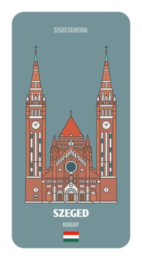 Macaristan 'ın Szeged katedrali. Avrupa şehirlerinin mimari sembolleri. Renkli vektör 