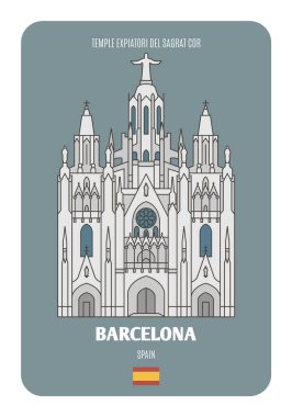 Barcelona, İspanya 'daki Temple Expiatori del Sagrat Cor. Avrupa şehirlerinin mimari sembolleri. Renkli vektör 