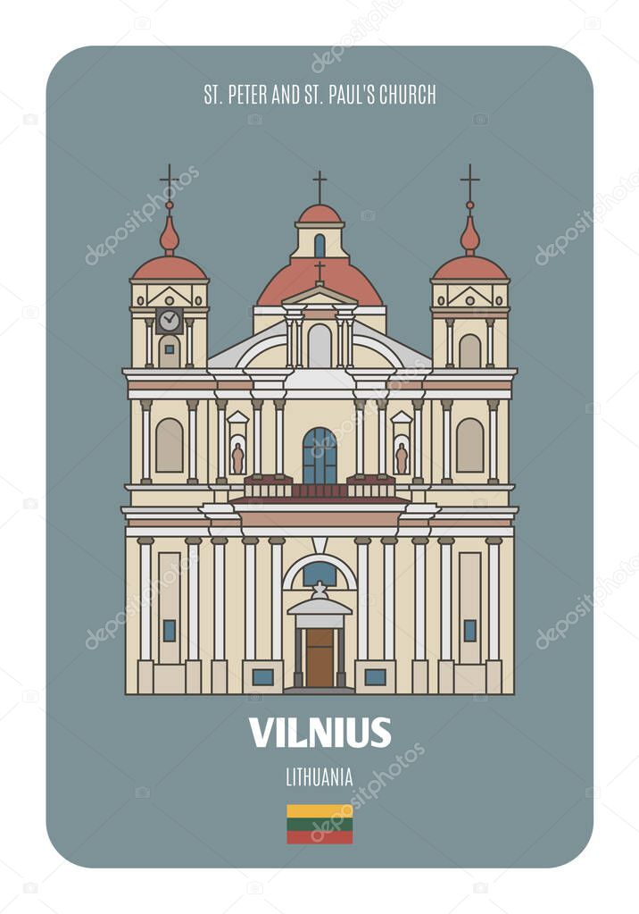 St. Peter and St. Paul's Church in Vilnius, Lithuania. Architectural symbols of European cities. Colorful vector 