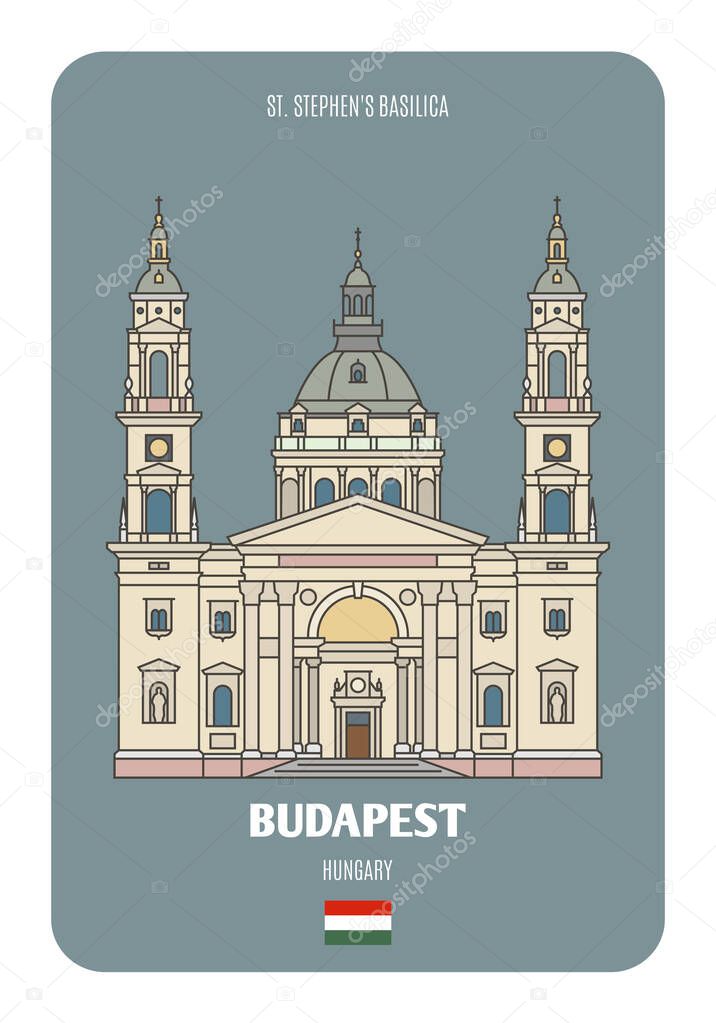 St. Stephen's Basilica in Budapest, Hungary. Architectural symbols of European cities. Colorful vector 