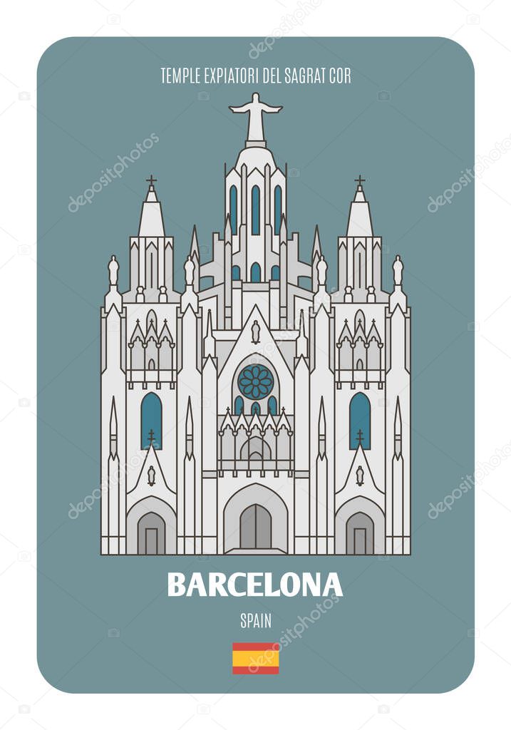 Temple Expiatori del Sagrat Cor in Barcelona, Spain. Architectural symbols of European cities. Colorful vector 