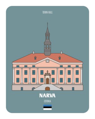 Narva, Estonya 'daki belediye binası. Avrupa şehirlerinin mimari sembolleri. Renkli vektör 
