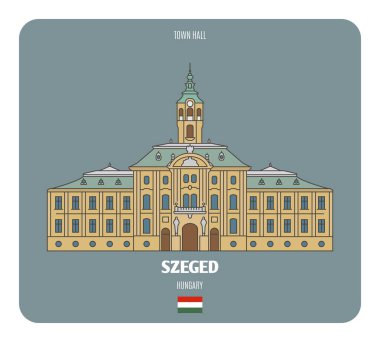 Macaristan, Szeged 'deki belediye binası. Avrupa şehirlerinin mimari sembolleri. Renkli vektör 