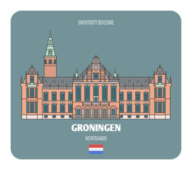 Hollanda, Groningen 'deki Üniversite Binası. Avrupa şehirlerinin mimari sembolleri. Renkli vektör 