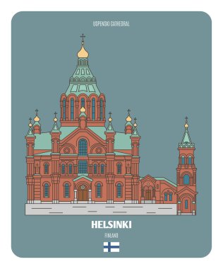 Helsinki, Finlandiya 'daki Uspenski Katedrali. Avrupa şehirlerinin mimari sembolleri. Renkli vektör 