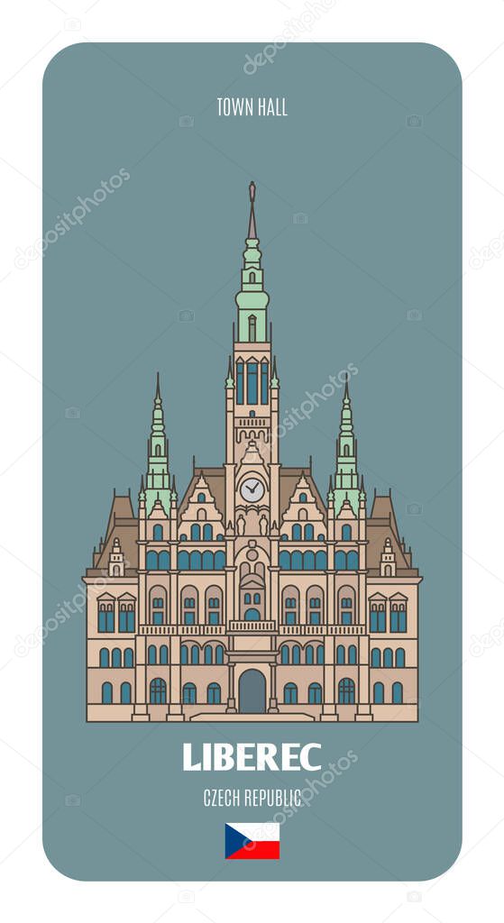 Town Hall in Liberec, Czech Republic. Architectural symbols of European cities. Colorful vector 