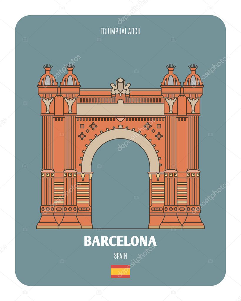 Triumphal Arch in Barcelona, Spain. Architectural symbols of European cities. Colorful vector 