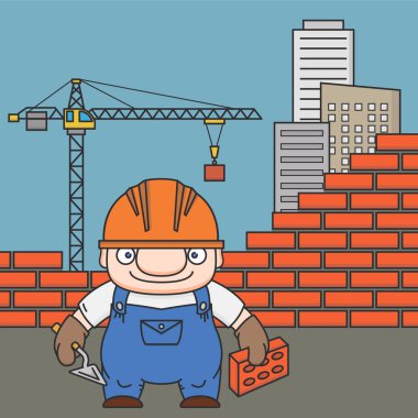 Neşeli duvarcı bir ev inşa ediyor. Satır vektörü 