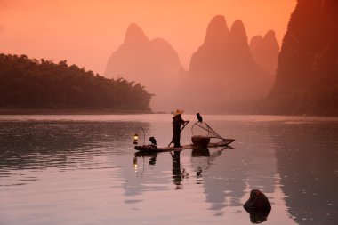 Çinli adam olta karabatak kuşlar, yangshuo, guangxi reg