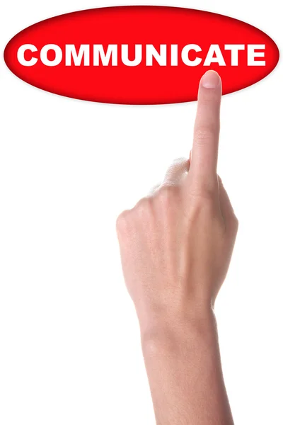 Mão com grande botão vermelho isolado no branco — Fotografia de Stock