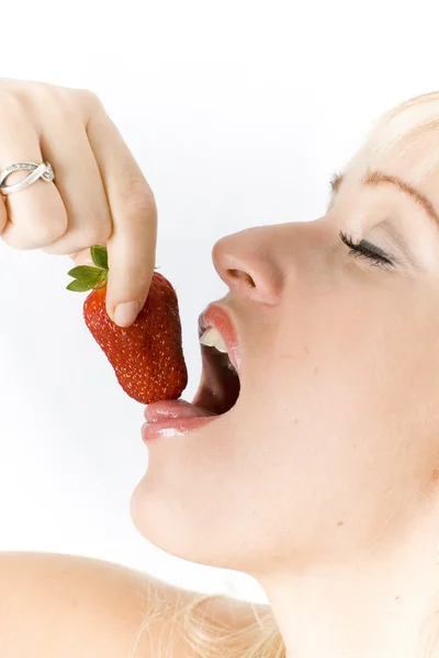 Blonde with strawberry isolated on white — Stock Photo, Image