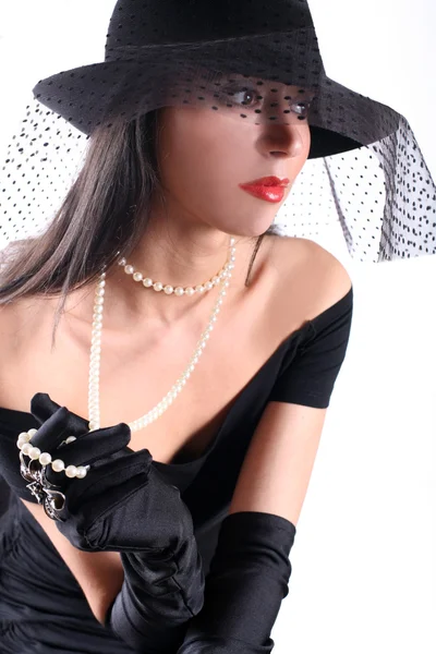 Girl in retro style with veil and gloves — Stock Photo, Image