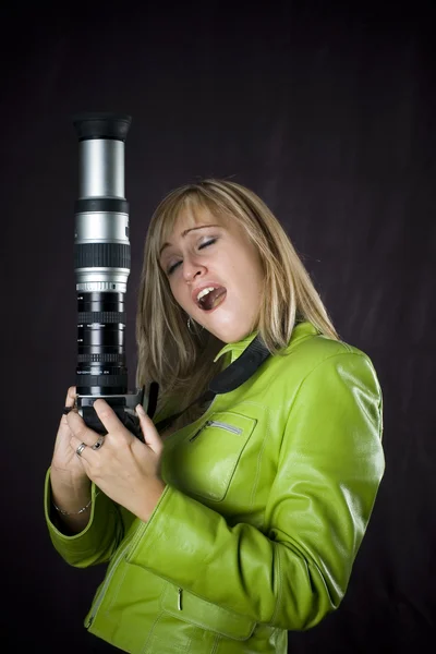 Blonde with photo camera — Stock Photo, Image