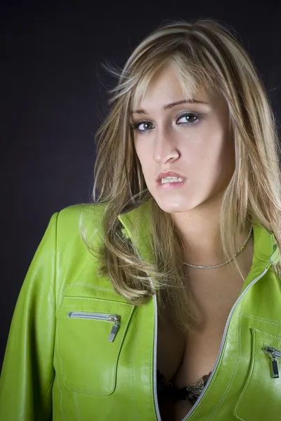 Blonde in green leather jacket — Stock Photo, Image
