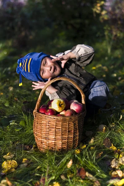 Menino com maçãs — Fotografia de Stock