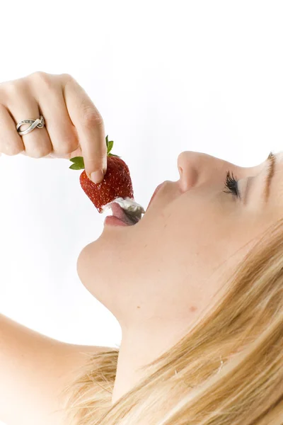 Blonde with strawberry isolated on white — Stock Photo, Image