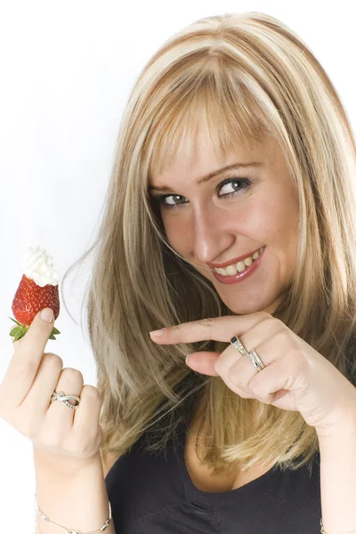 Blonde with strawberry isolated on white — Stock Photo, Image