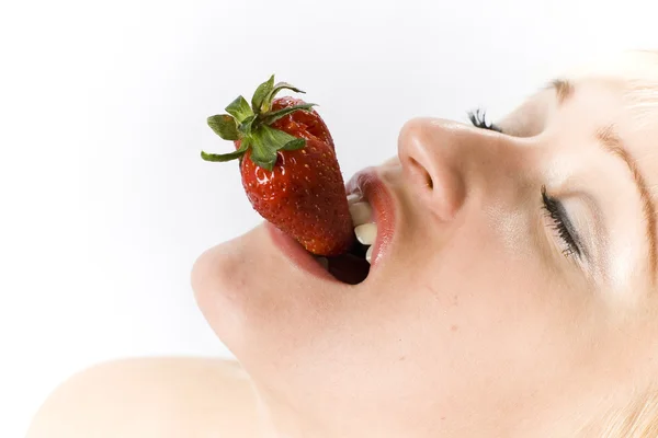 Blonde with strawberry isolated on white — Stock Photo, Image