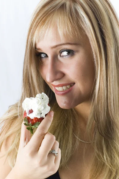 Blonde with strawberry isolated on white — Stock Photo, Image