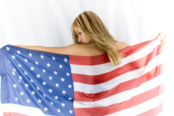 미국 국기와 함께 금발 — 스톡 사진