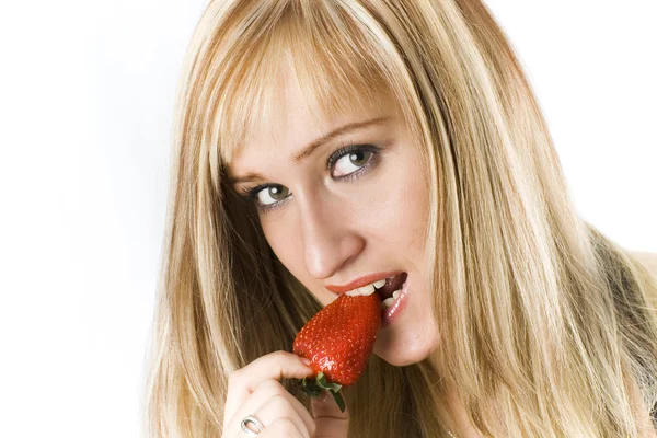 Blonde with strawberry isolated on white — Stock Photo, Image