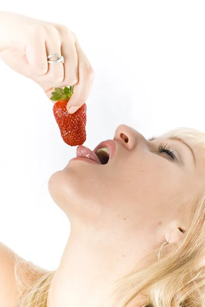 Blonde with strawberry isolated on white — Stock Photo, Image