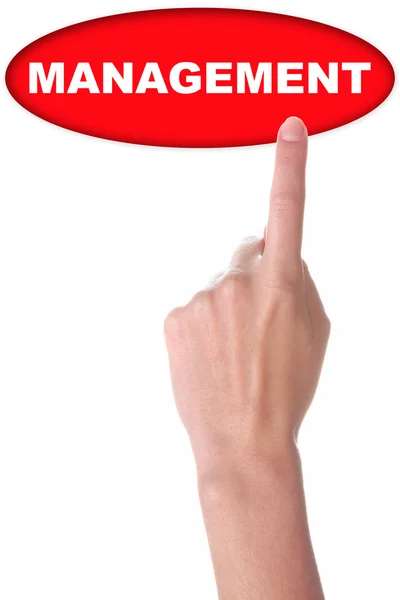 Χέρι με μεγάλο κόκκινο κουμπί απομονώνονται σε λευκό — Φωτογραφία Αρχείου