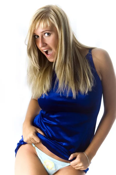 Sexy Blonde in blue dress — Stock Photo, Image