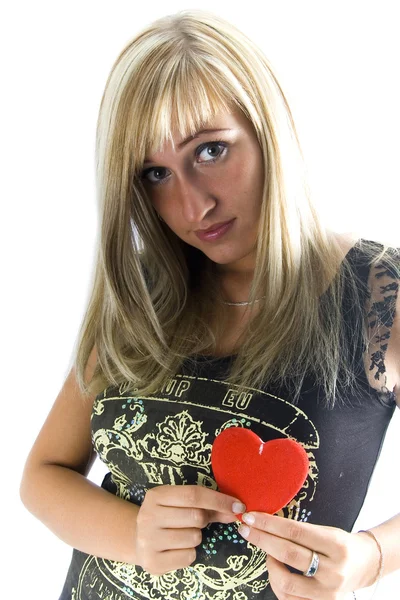 Blonde holds a heart — Stock Photo, Image