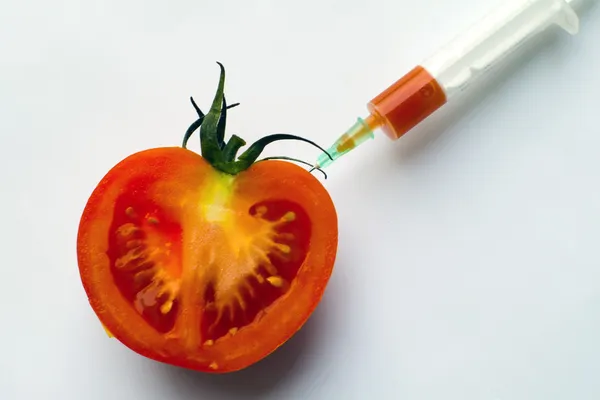 Syringe pricking a tomato against a white background — Stock Photo, Image