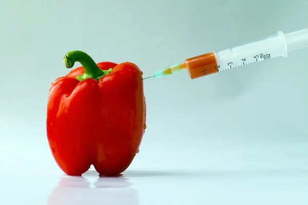 Genetically modified object - pepper and sticked aged syringe on white — Stock Photo, Image