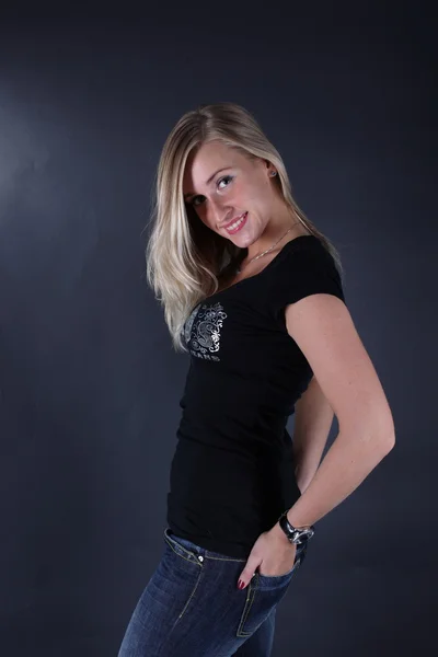 Young beautiful women posing in black t-shirt. — Stock Photo, Image