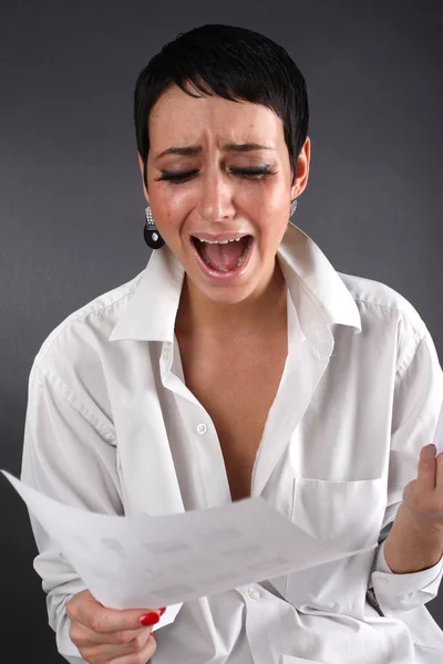 Bad news - depression woman with tears holding letter — Stock Photo, Image