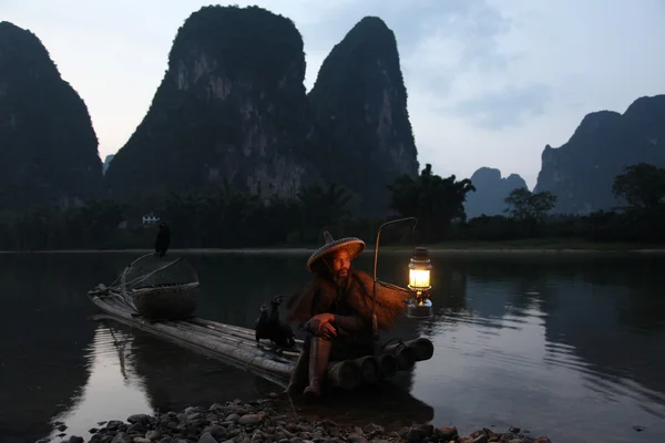 Chinese man fishing with cormorants birds — Stock Photo, Image