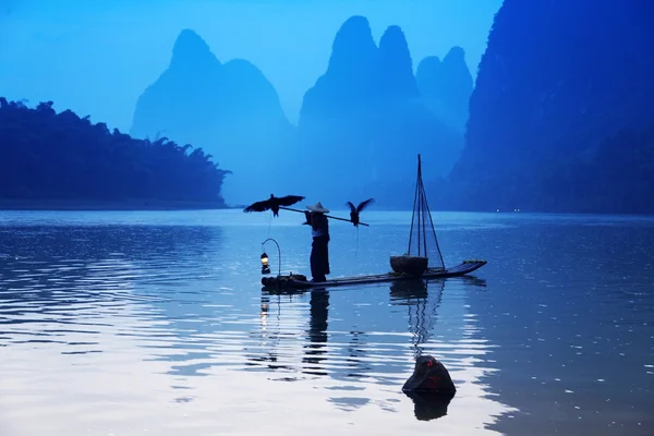 YANGSHUO - JUNE 19: Chinese man fishing with cormorants birds in — Stock Photo, Image