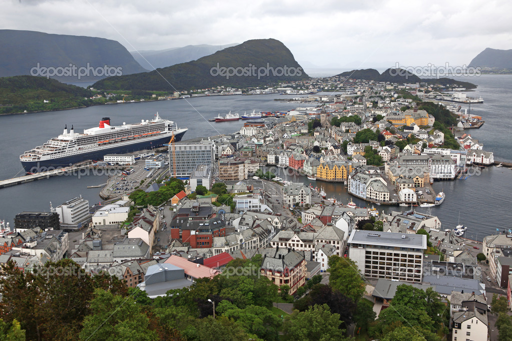 erial view from the mountain Aksla at the Alesund. Alesund is kn