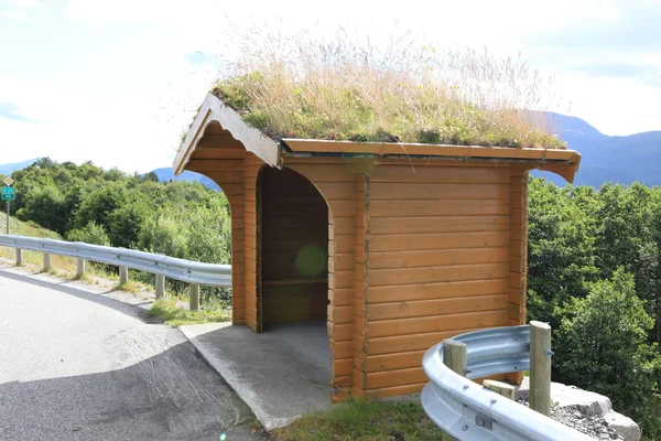 Grama telhado Hut perto da estrada. Noruega — Fotografia de Stock